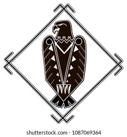Vector illustration. Black and white image of Eagle in ethnic style.