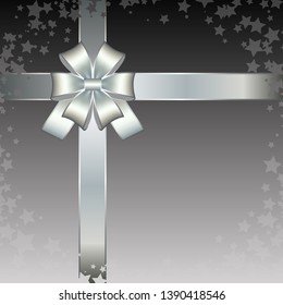 Vector illustration of Black and white image. Silver ribbon with bow and stars on gray background.