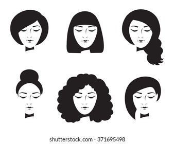 Vector illustration of black and white images girls hairstyles