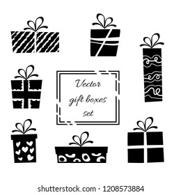 Vector illustration, black and white isolated gift boxes set. Can be used for greeting cards, stickers, promotion, banners.