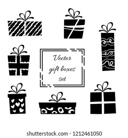 Vector illustration, black and white isolated gift boxes set. Can be used for greeting cards, stickers, promotion, banners.