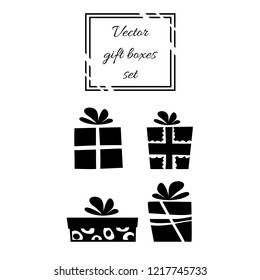 Vector illustration, black and white isolated gift boxes set. Can be used for greeting cards, stickers, promotion, banners.