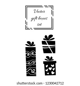 Vector illustration, black and white isolated gift boxes set. Can be used for greeting cards, stickers, promotion, banners.