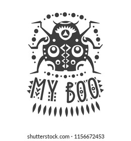 Vector illustration with black and white ladybug and lettering "My boo".