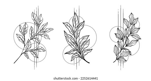 Ilustración vectorial de hojas negras y blancas, rama, flor, simboles geométricos sacrales aislados en fondo blanco. Simbol de tótem místico. Dibujo manual para tatuajes, libro de coloreo