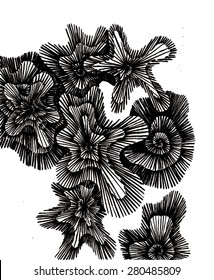 Vector illustration of black and white lichen pattern background. Hand drawn, doodle backdrop.