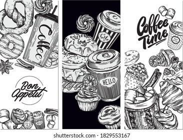 Vector illustration. Black and white line drawing. Postcards. Coffee theme. Various pastries. Cups of coffee. Various goodies. Menu for a coffee shop.