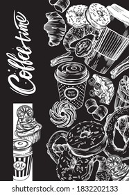 Vector illustration. Black and white line graphics. Coffee theme. Cover for the menu. Banner or postcard. Pastries, hot coffee.
