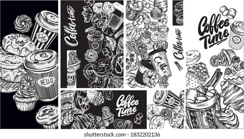 Vector illustration. Black and white line graphics. Coffee theme. Cover for the menu. Banner or postcard. Pastries, hot coffee.