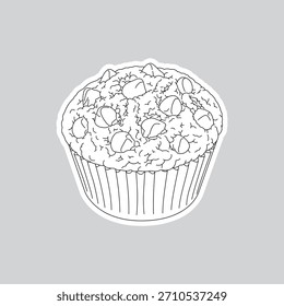 Dibujo de línea blanco y negro de Ilustración vectorial con cupcake de chips de chocolate blanco