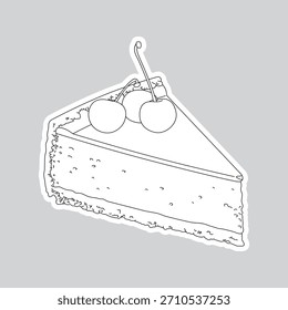Vektorgrafik schwarz-weiße Linienzeichnung mit weißem Rand Käsekuchen mit Kirschen