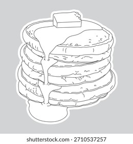 Dibujo de línea blanco y negro de Ilustración vectorial con panqueques de borde blanco con mantequilla y miel