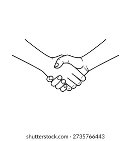 Vector illustration of black and white line drawing illustration of two hands firmly shaking in a gesture of agreement, partnership, or greeting, Simple black and white outline drawing depicting a firm handshake between two hands, symbolizing a successful agreement, business partnership, or mutual trust. Ideal for concepts related to contracts,
