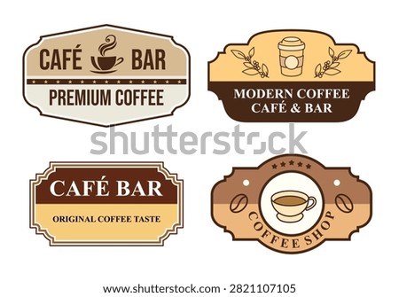 Vector illustration of a black and white line art badge featuring a takeaway coffee cup with a coffee bean logo enclosed in an arch frame with 