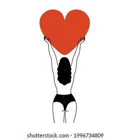 Vector illustration with black and white long hair woman holding big red heart. Self love and care poster, greeting card template