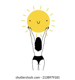 Vector illustration with black and white long hair woman holding big yellow sun with smiling face. Funny summer print design with girl