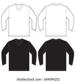 Vector illustration of black and white long sleeved v-neck shirt, isolated front and back design template for men