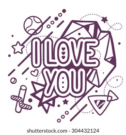 Vector illustration of black and white I love you quote on abstract background. Hand draw line art design for web, site, advertising, banner, poster, board and print.