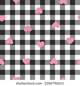 Vector illustration Black and white lumberjack plaid with pink hearts