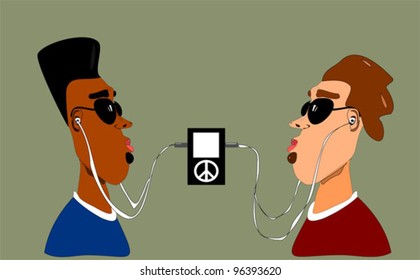 vector illustration of black and white man listening to peace music device