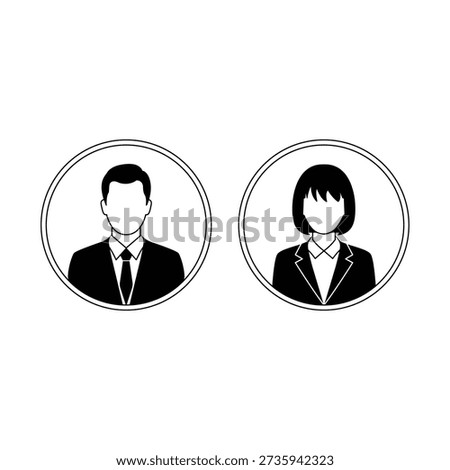 Vector illustration of black and white illustration of a man and woman in business attire in circles, male and female user profile icons or avatars