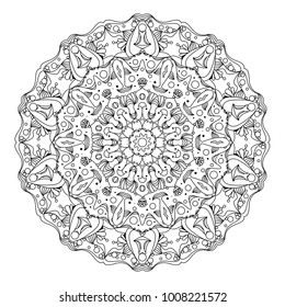 Vector illustration of black and white mandala design with ocean and meditation motif, ready for printing and coloring as anti stress coloring page for adults or children. Isolated on white background