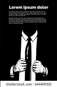 Vector illustration of black and white mans faceless suit and hands on black background with copyspace for text.