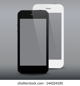 Ilustración vectorial de un smartphone moderno y realista en blanco y negro con pantalla vacía. Eps10.