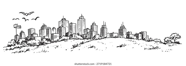 Vektorgrafik in Schwarz-Weiß einer modernen Stadtskyline von einem Hügel aus gesehen