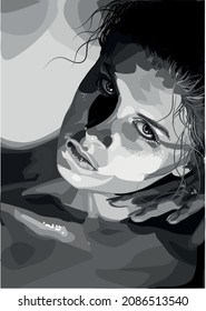 Vector illustration. Black and white monochrome portrait of a woman with a hand. Ideal for printing.
