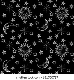 Vector illustration black and white moon, sun and stars seamless pattern in vintage engraving style. Space elements isolated on black background.