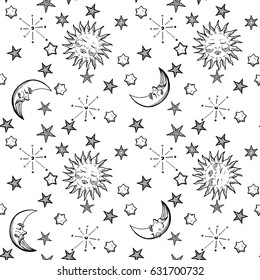 Vector illustration black and white moon, sun and stars seamless pattern in vintage engraving style. Space elements isolated on white background.