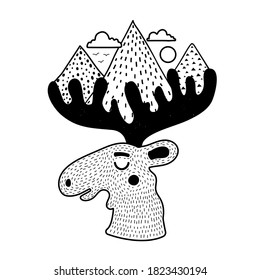 Vector illustration with black white moose head, mountains, clouds with sun and little birds. Trendy monochrome print design with animal and nature landscape