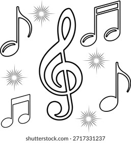 Ilustración vectorial en blanco y negro notas musicales y destellos