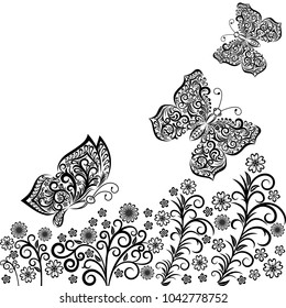 Vector illustration. Black and white openwork butterflies and flowers isolated on white background.
