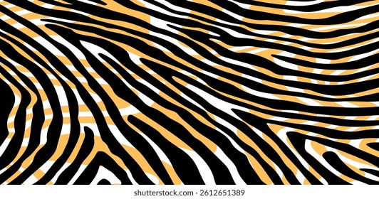 Vector illustration with black, white, and orange zebra-like stripes forming an abstract, dynamic pattern. The design is bold and lively, featuring flowing, wavy lines.