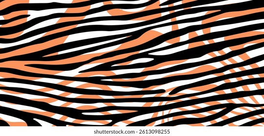 Vector illustration with black, white, and orange zebra-like stripes forming an abstract, dynamic pattern. The design is bold and lively, featuring flowing, wavy lines.