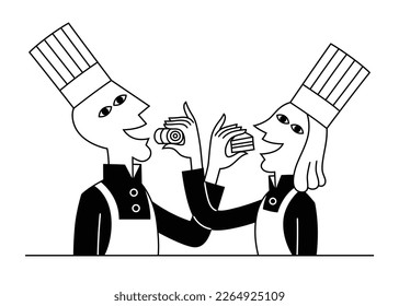 Vector illustration in black and white and outlined, of a couple, man and woman, dressed as chefs and putting a piece of food into each other's mouths.