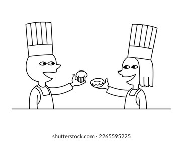 Vector illustration in black and white and outlined, of two kids, a boy and a girl, dressed as chefs and offering the other a bun.