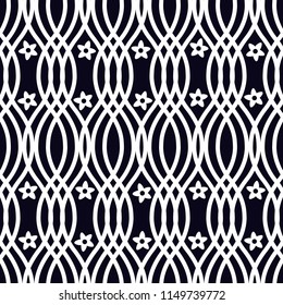 vector illustration. black and white overlapping wavy lines with tiny flowers seamless repeat pattern.