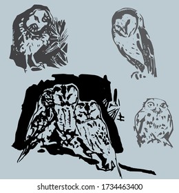 vector illustration of black and white owls on branches