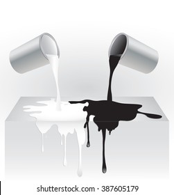 Vector illustration of black and white paint dripping from cans onto background surface.