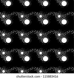 vector illustration of black and white pattern suggesting a dark night sky, with stars and galaxies