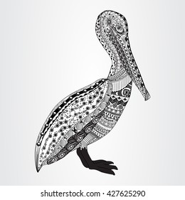 Vector illustration of the black and white pelican in zentangle style