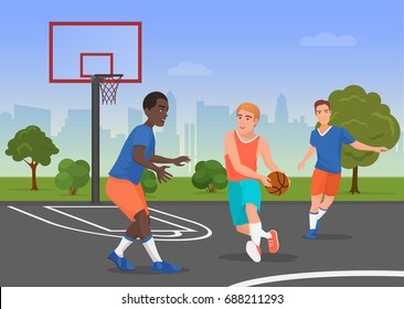 Vector illustration of black and white people playing streetball on the playground.