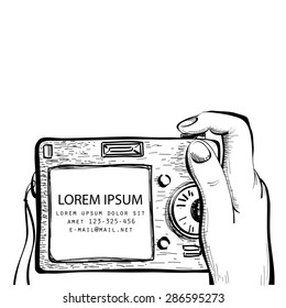 Vector illustration of a black and white photo camera, doodle style, isolated on white