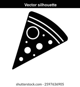 Vector illustration of a black and white pizza with a cartoon style and abstract background, featuring a slice, cheese, and a festive design.