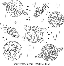 Vector illustration of black and white planets and comets. The signs of galaxies with orbiting planets in the form of round vector illustrations on a white background. Vector illustration. Vector illu