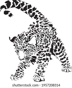 Vector illustration of black and white playing leopard cub