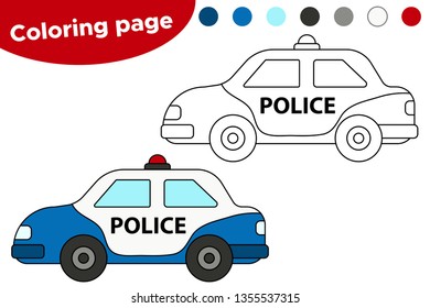 Vector illustration of black and white Police car. Coloring book page for preschool kids.